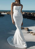 Frederica | Mermaid Strapless Pleated Backless White Satin Wedding Dress Train with Sleeveless - White - PROMDRESS Club