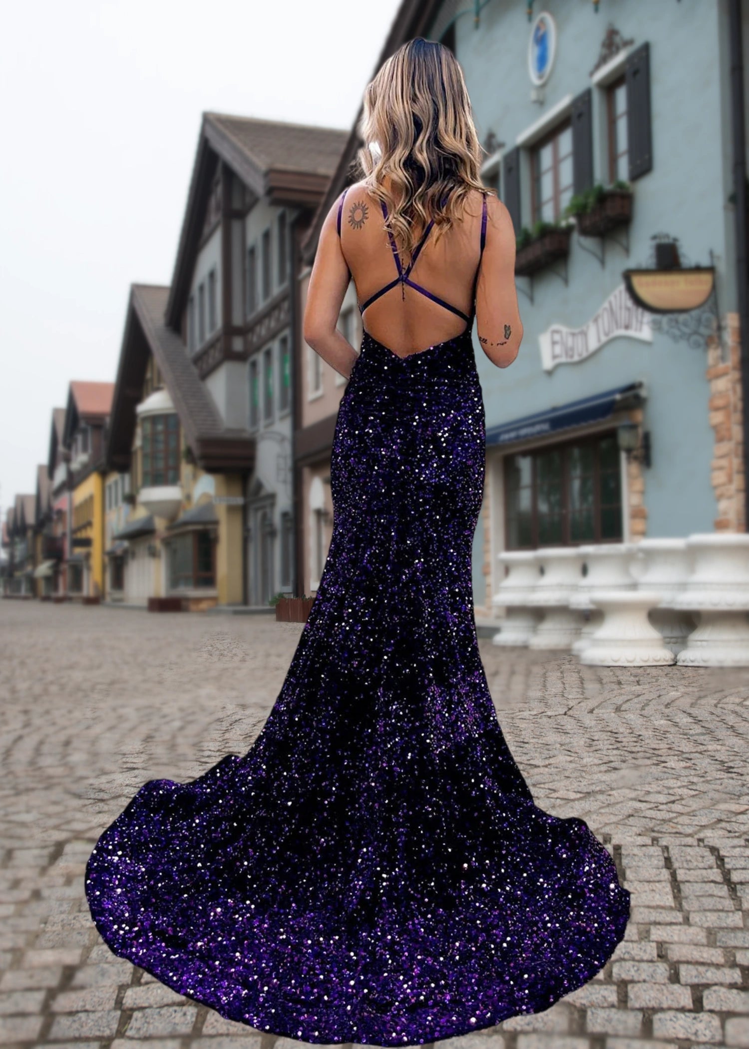 Gabrielle |Mermaid V - neck Blue Sparkly Sequins Long Prom Dress With Backless - Grape - US0 - PromDressClub