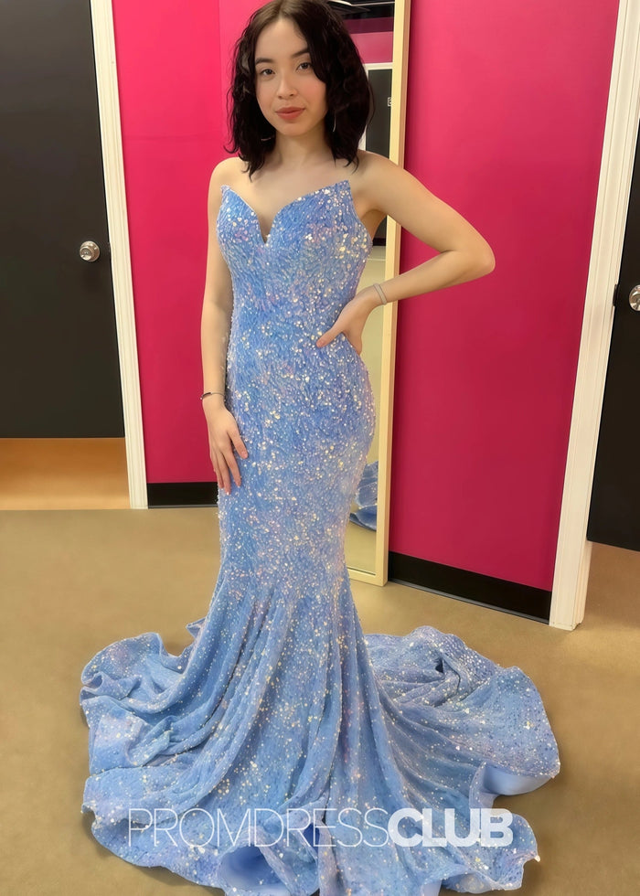 Gemma |Long Black Prom Dresses Near Me With Mermaid Sweetheart Sequins - Blue - PromDressClub