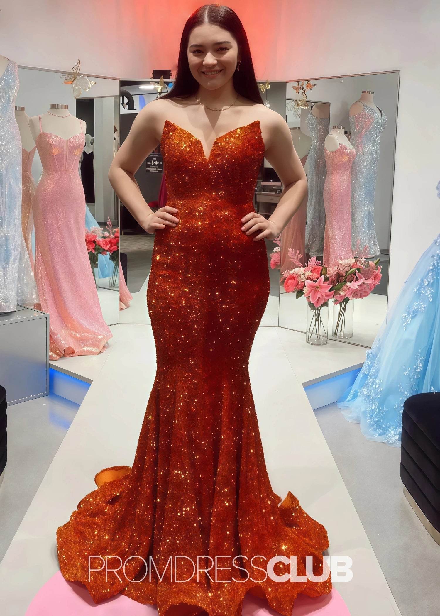 Gemma |Long Black Prom Dresses Near Me With Mermaid Sweetheart Sequins - Orange - US0 - PromDressClub