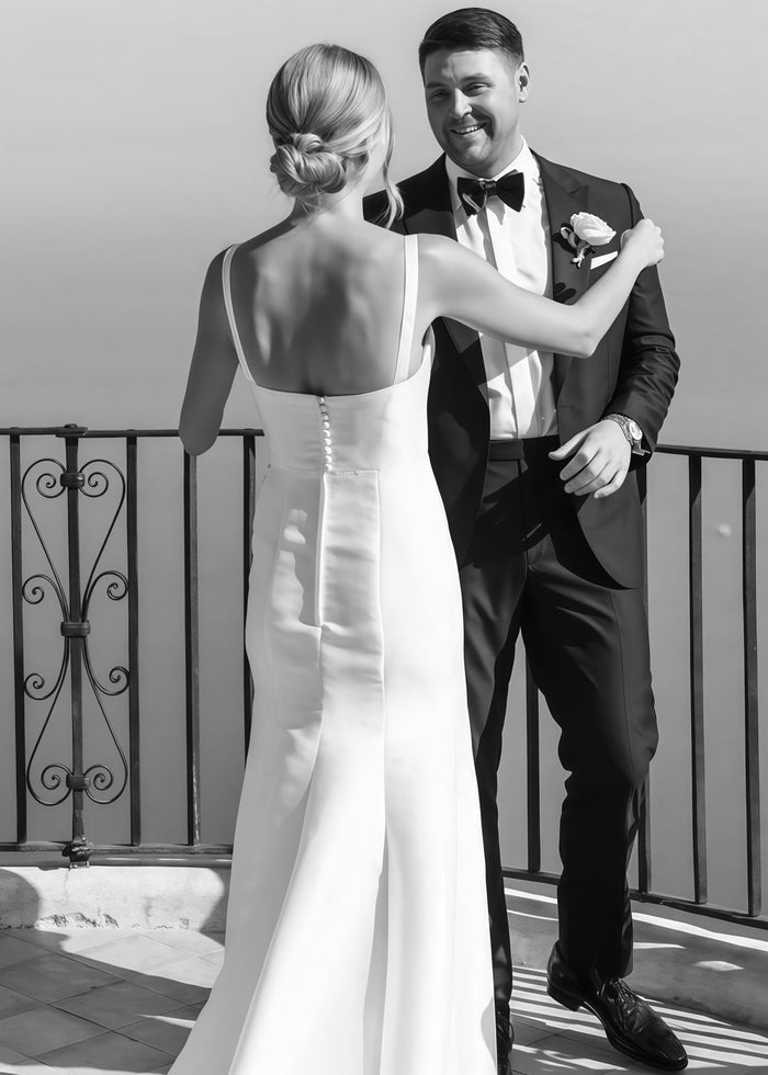 Gemma | Romantic Sheath Squsre Neckline Backless Satin Wedding Dress with Detachable Long Sleeve - Price #price_variant_lowest# - White - PromDressClub