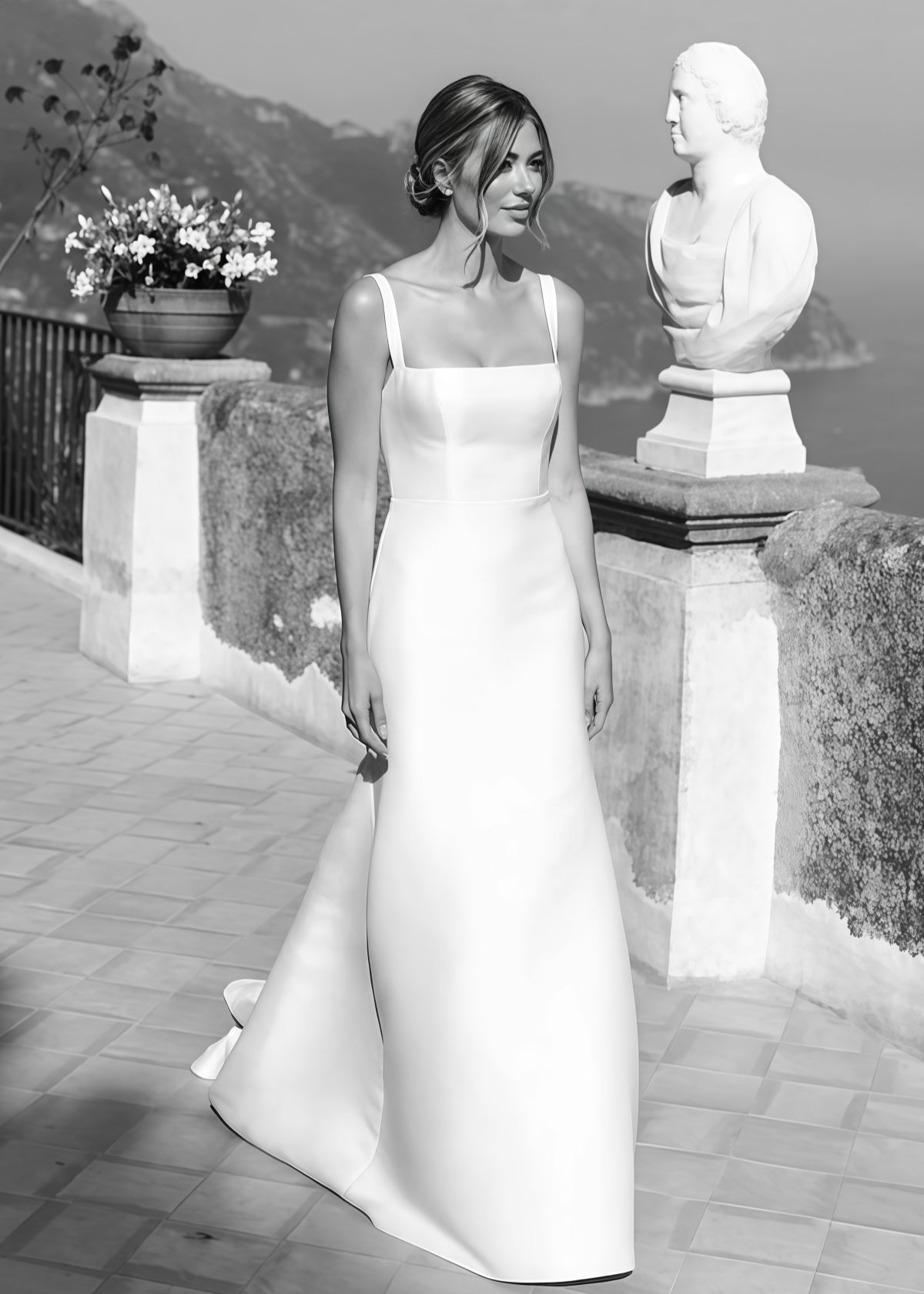 Gemma | Romantic Sheath Squsre Neckline Backless Satin Wedding Dress with Detachable Long Sleeve - Price #price_variant_lowest# - White - PromDressClub