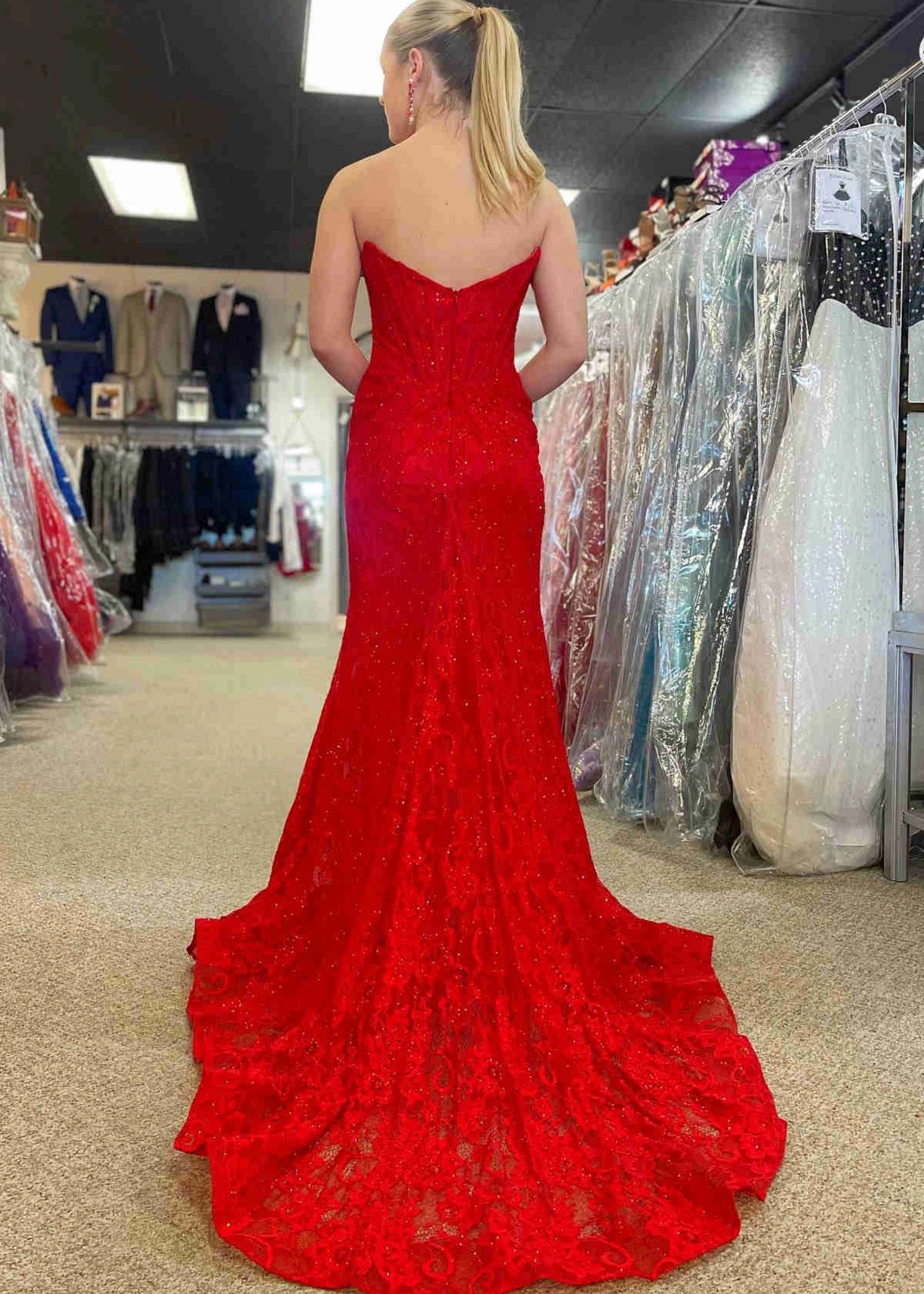 Genevieve |Mermaid Strapless Lavender Lace Ruched Prom Dress with Slit - Red - US0 - PromDressClub