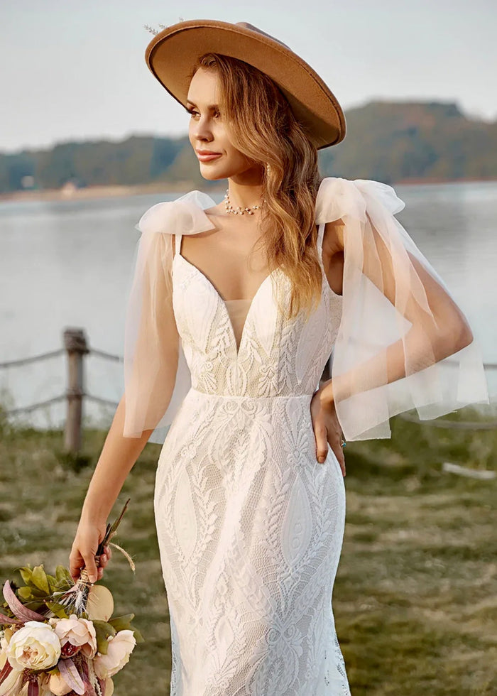 Geraldine | Boho Mermaid V Neck Backless Lace Long White Wedding Dress Train with Bow - Price #price_variant_lowest# - White - PromDressClub