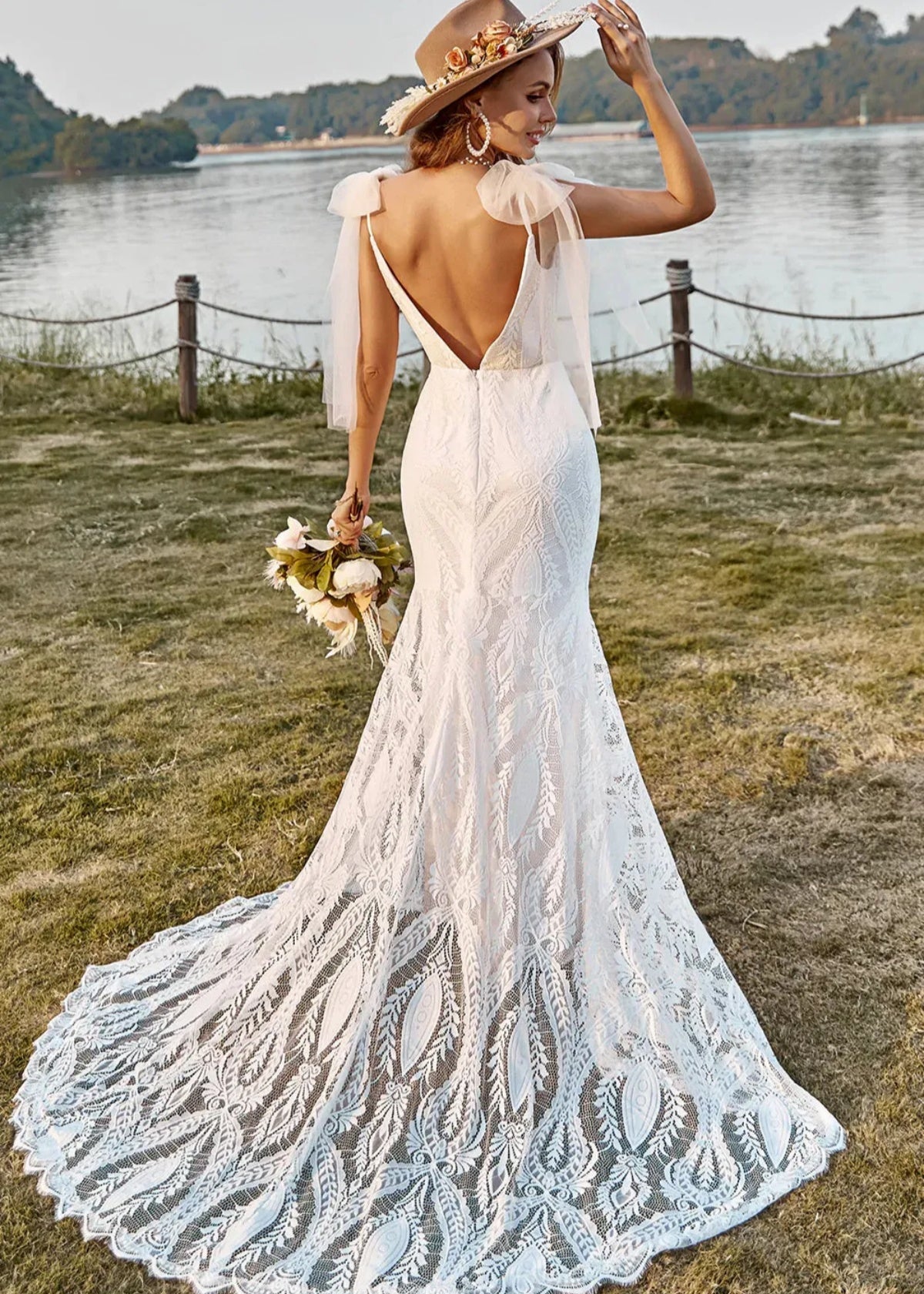 Geraldine | Boho Mermaid V Neck Backless Lace Long White Wedding Dress Train with Bow - White - PROMDRESS Club