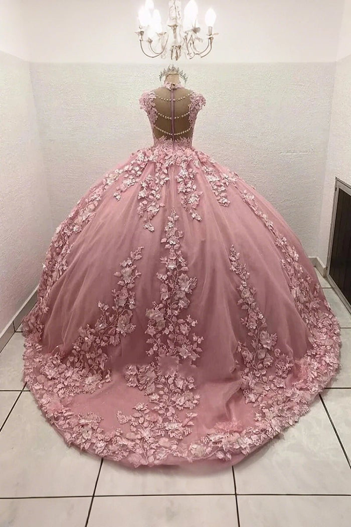 Geraldine | Elegant Corset Pink Quinceanera Flower Dresses - Pink - PromDressClub