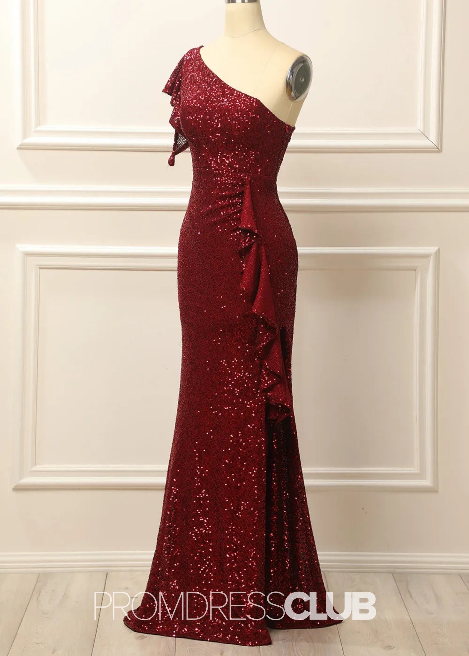 Geraldine |Long Burgundy Prom Dresses Near Me With Mermaid Sequins One Shoulder - Burgundy - US0 - PromDressClub