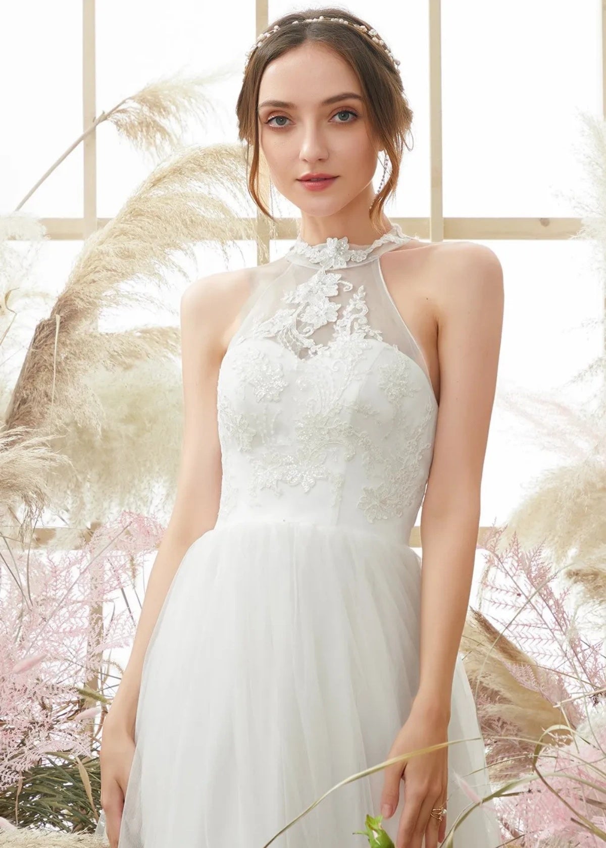 Gill | A Line Halter Neckline Open Back Long White Tulle Wedding Dress - White - PROMDRESS Club