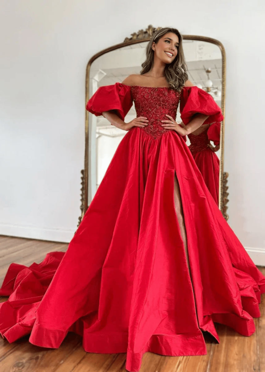 Gladys | A Line Long Red Black Strapless Off the Shoulder Satin Slit Formal dress with Puffy Sleeves - Red - PromDressClub