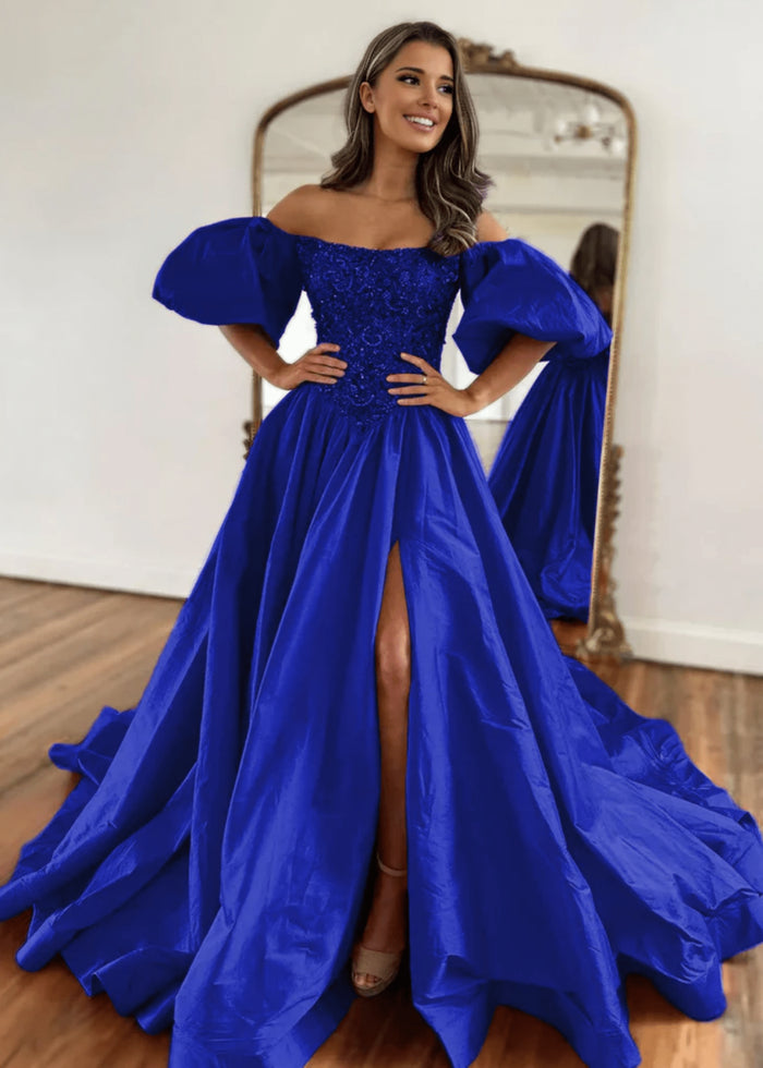 Gladys | A Line Long Red Black Strapless Off the Shoulder Satin Slit Formal dress with Puffy Sleeves - Royal Blue - PromDressClub