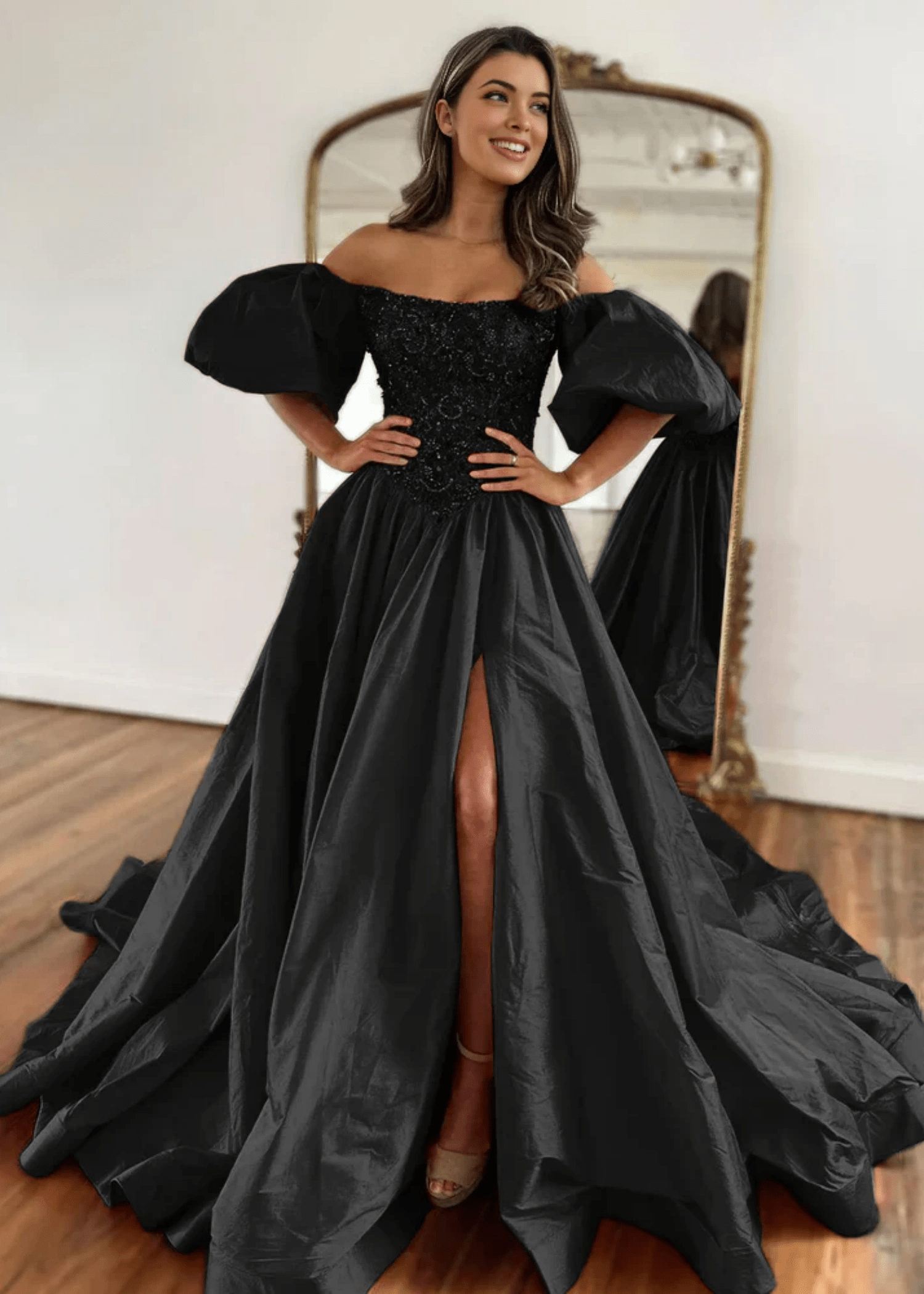 Gladys |A - Line Off The Shoulder Taffeta Red Long Prom Dress With Short Puffy Sleeves - Black - US0 - PromDressClub