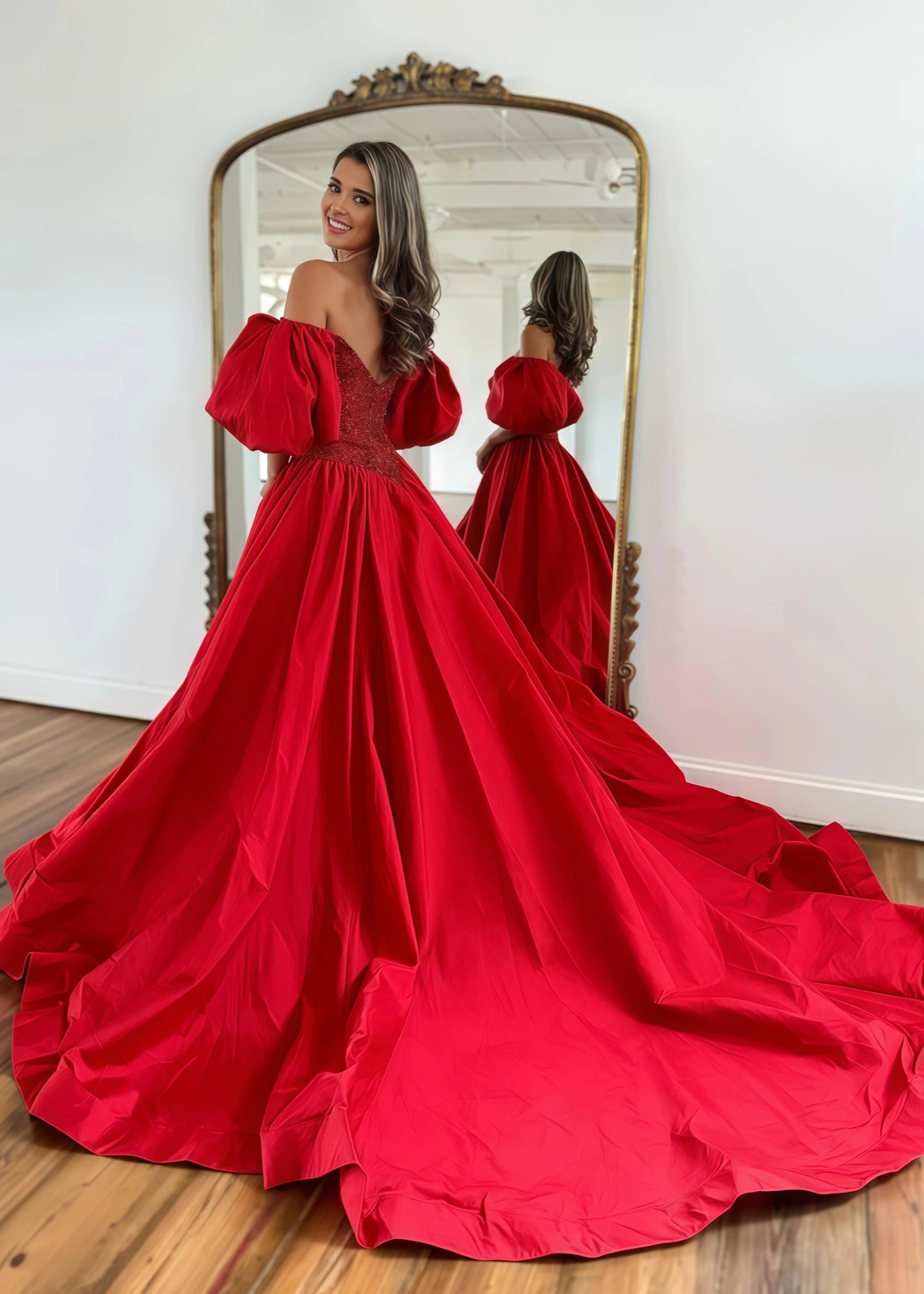 Gladys |A - Line Off The Shoulder Taffeta Red Long Prom Dress With Short Puffy Sleeves - Red - US0 - PromDressClub