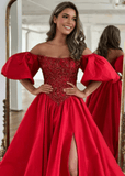 Gladys |A - Line Off The Shoulder Taffeta Red Long Prom Dress With Short Puffy Sleeves - Red - US0 - PromDressClub