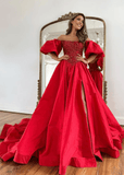 Gladys |A - Line Off The Shoulder Taffeta Red Long Prom Dress With Short Puffy Sleeves - Red - US0 - PromDressClub