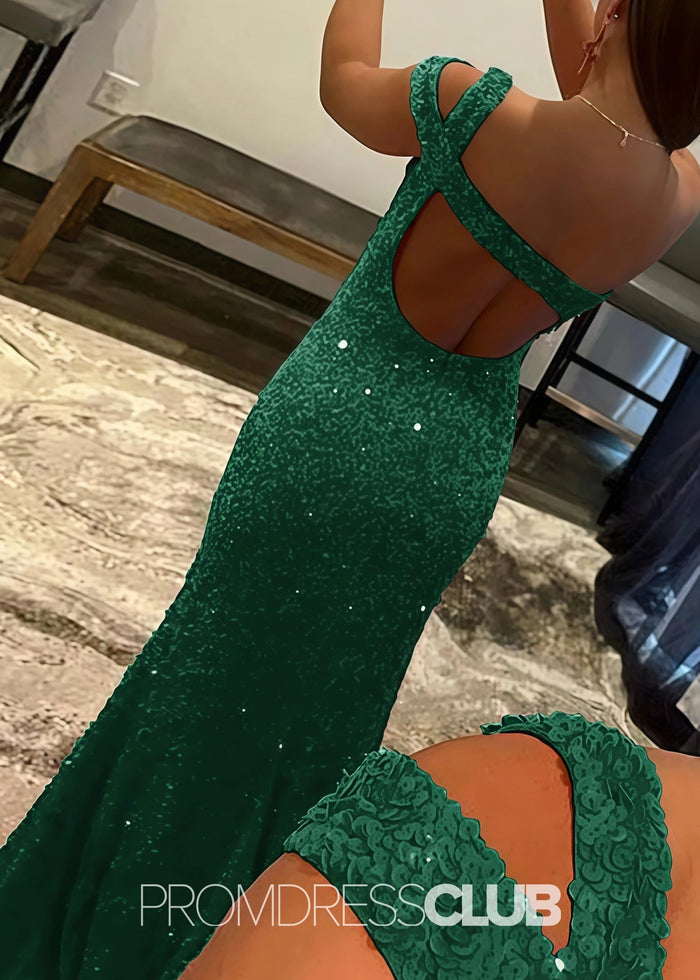 Gladys |Long Black Prom Dresses Near Me With Mermaid One Shoulder Sequins Split Formal Dresses - Dark Green - PromDressClub