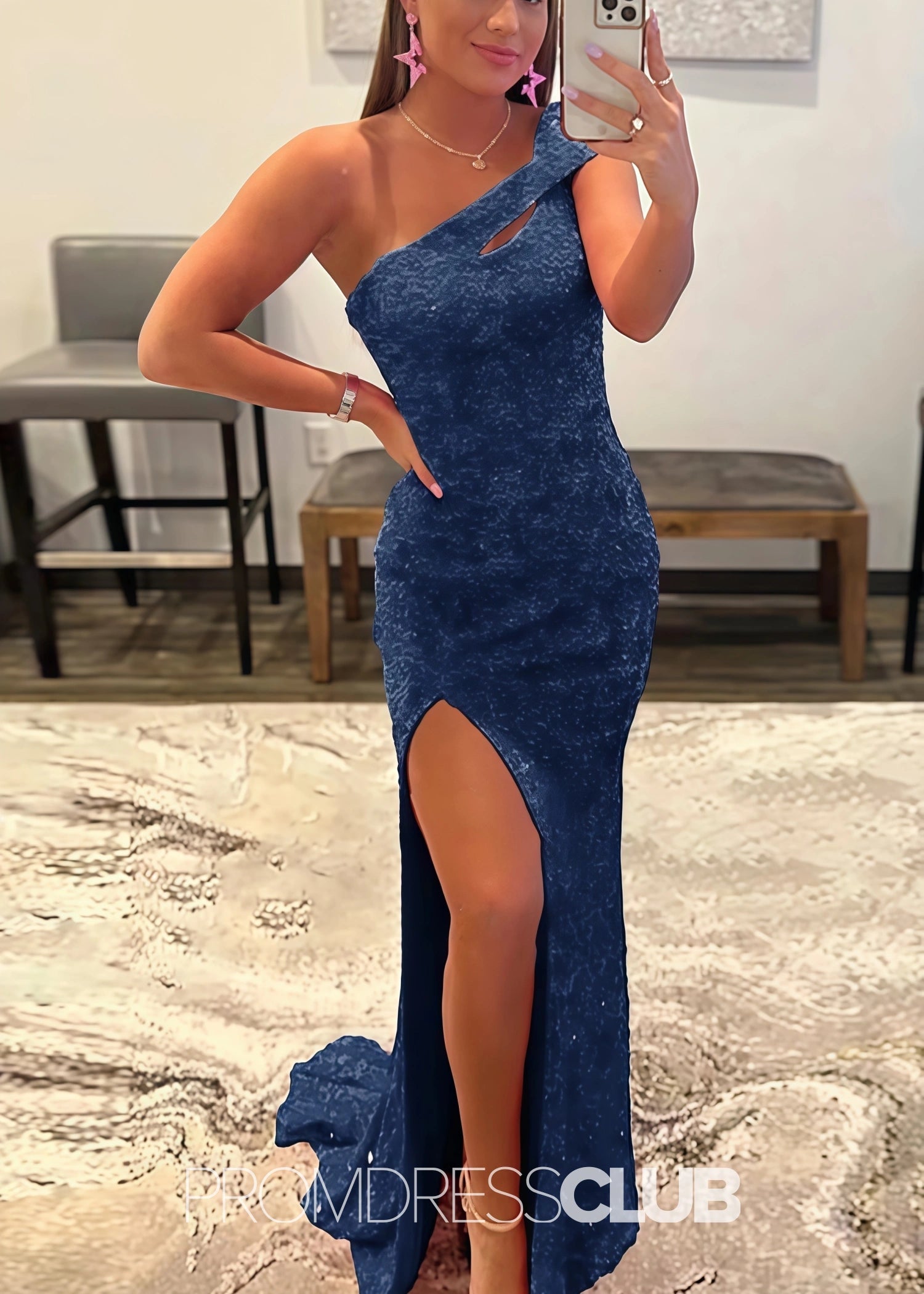 Gladys |Long Black Prom Dresses Near Me With Mermaid One Shoulder Sequins Split Formal Dresses - Navy Blue - US0 - PromDressClub