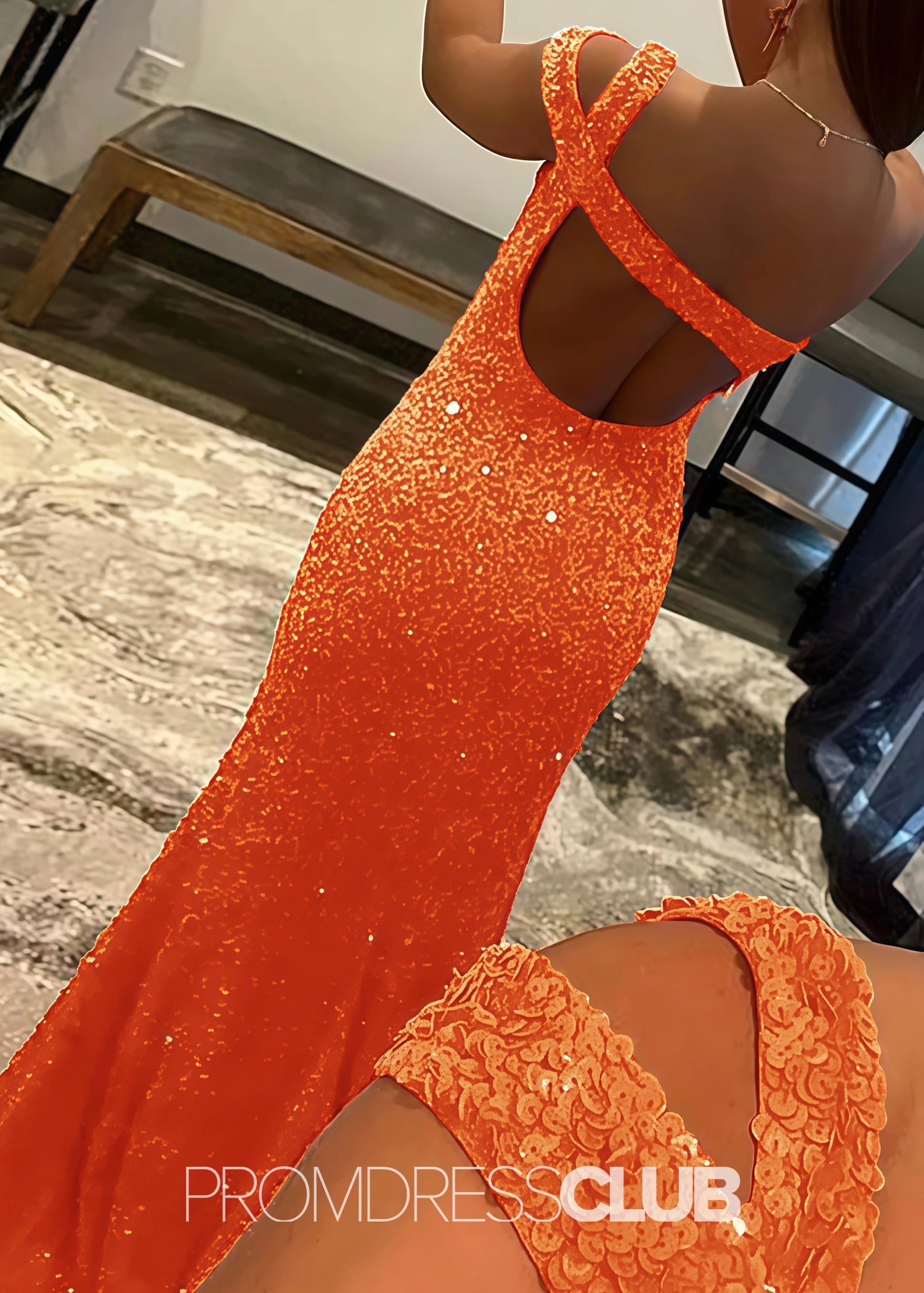 Gladys |Long Black Prom Dresses Near Me With Mermaid One Shoulder Sequins Split Formal Dresses - Orange - US0 - PromDressClub