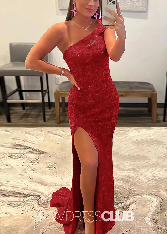 Gladys |Long Black Prom Dresses Near Me With Mermaid One Shoulder Sequins Split Formal Dresses - Price #price_variant_lowest# - Red - PromDressClub