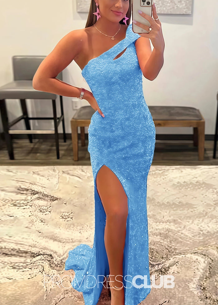 Gladys |Long Black Prom Dresses Near Me With Mermaid One Shoulder Sequins Split Formal Dresses - Price #price_variant_lowest# - Sky Blue - PromDressClub