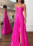 Gloria |A - Line Strapless Keyhole Pleated Fuchsia Long Prom Dress With Slit - Fuchsia - US0 - PromDressClub