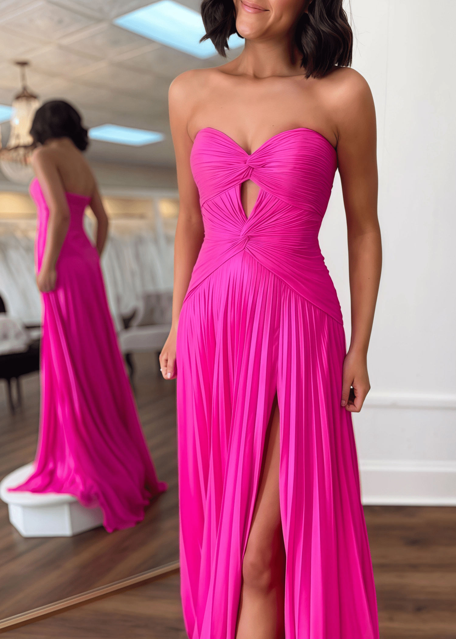 Gloria |A - Line Strapless Keyhole Pleated Fuchsia Long Prom Dress With Slit - Fuchsia - US0 - PromDressClub