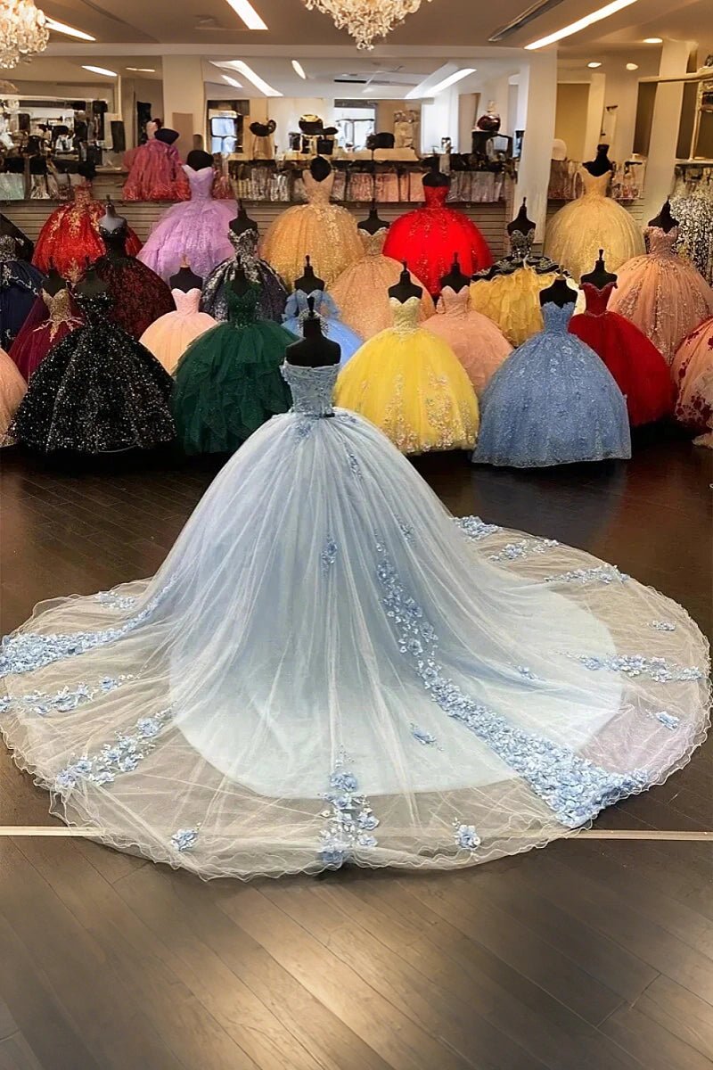 Gloria | Gorgeous Light Blue Quinceanera Flower Dresses for Unforgettable Sweet 16 - Blue - PromDressClub