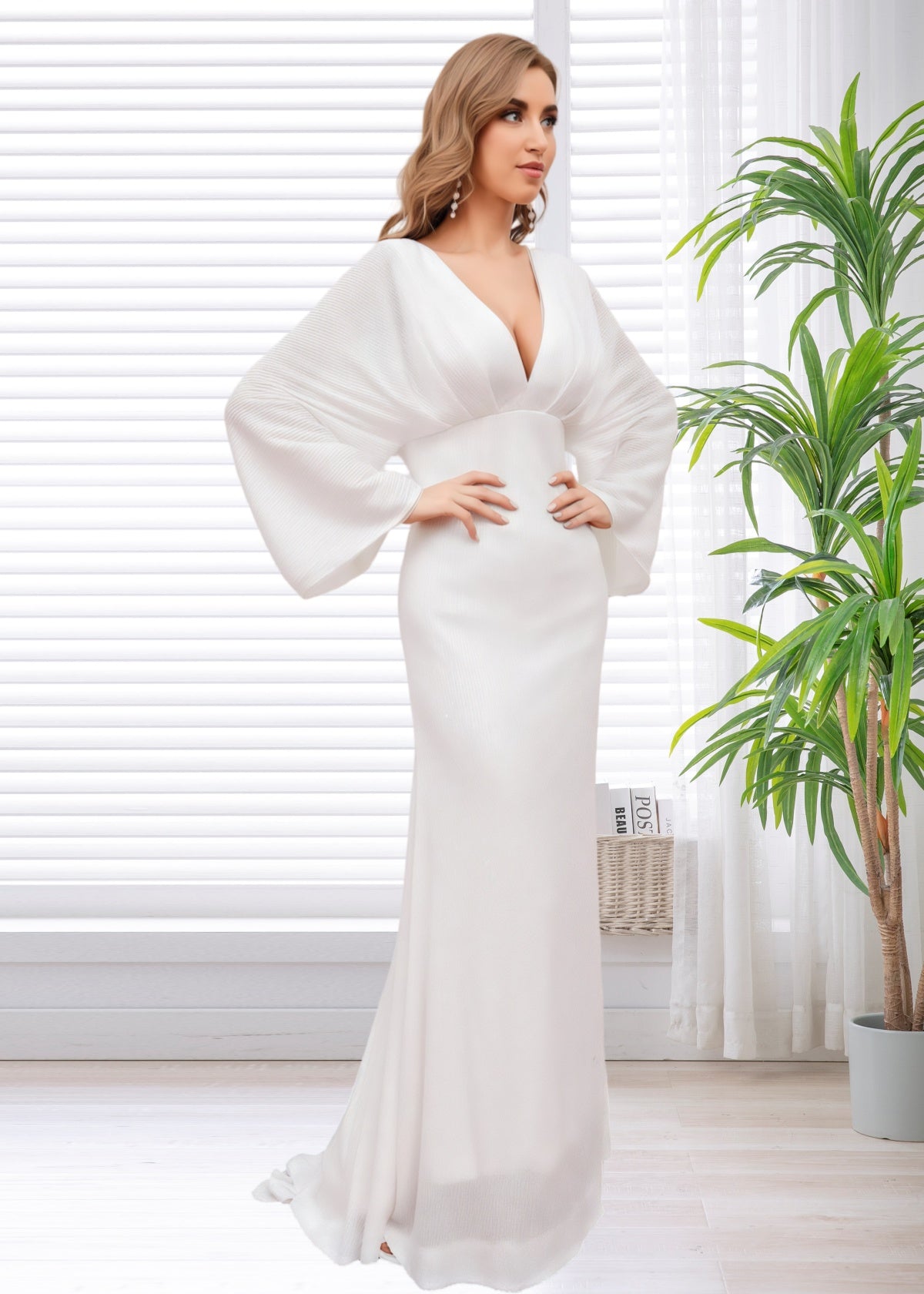 Gloria | White Sheath V Neck Long Sleeve Corset Wedding Reception Dress with Backless - White - PROMDRESS Club