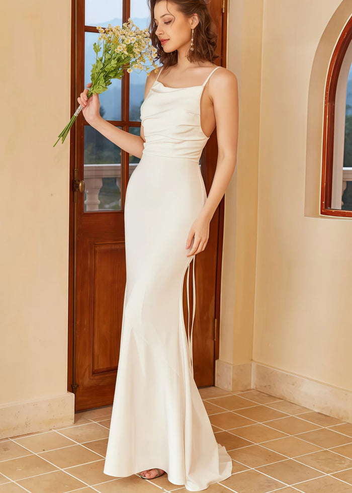 Grace | Boho Mermaid Square Neck Spaghetti Strap White Satin Wedding Dress with Backless - Price #price_variant_lowest# - White - PromDressClub