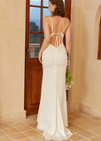 Grace | Boho Mermaid Square Neck Spaghetti Strap White Satin Wedding Dress with Backless - White - PROMDRESS Club