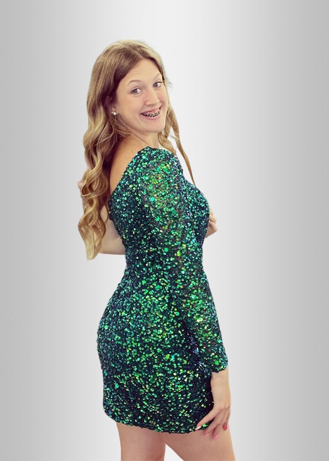 Leona |Gold Homecoming Dresses Short Sequins One Shoulder Long Sleeve - Green - PromDressClub