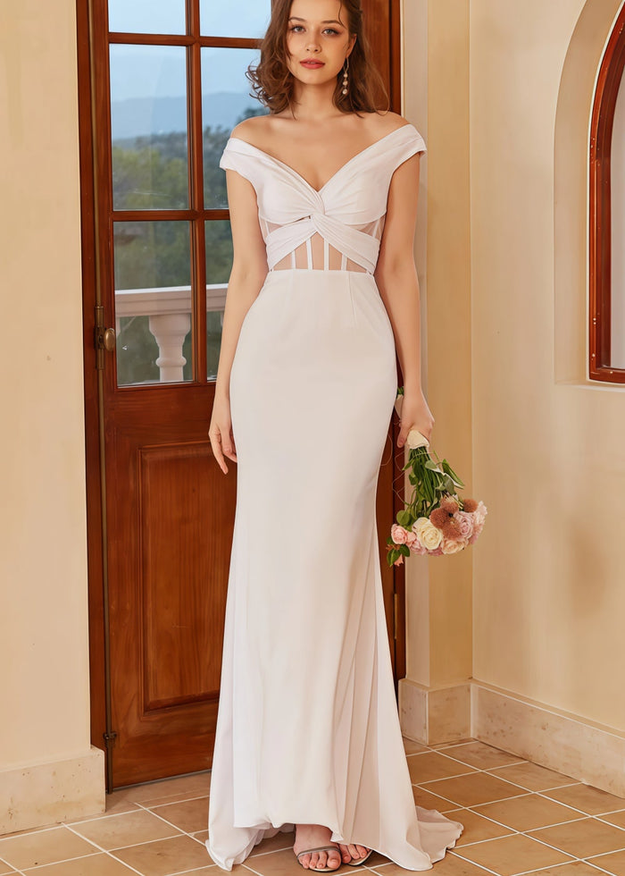 Gustave | Beach Off the Shoulder Backless White Wedding Guset Dress with Train - Price #price_variant_lowest# - White - PromDressClub
