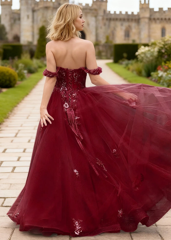 Gwen Burgundy 3D Flower Off Shoulder Prom Dress | A - Line Sweetheart Neckline Corset Tulle Formal Dress - Burgundy - PromDressClub