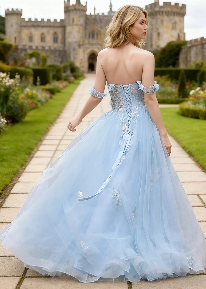Gwen Light Blue 3D Flower Off Shoulder Prom Dress | A - Line Sweetheart Neckline Corset Tulle Formal Dress - Light Blue - PromDressClub