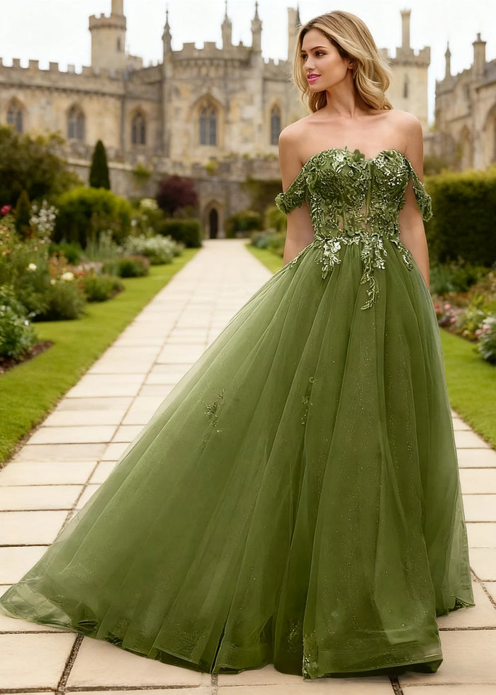 Gwen Olive Green 3D Flower Off Shoulder Prom Dress | A - Line Sweetheart Neckline Corset Tulle Formal Dress - Olive Green - PromDressClub