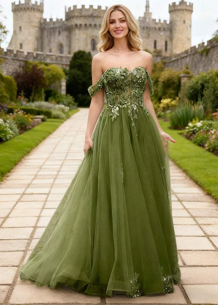 Gwen Olive Green 3D Flower Off Shoulder Prom Dress | A - Line Sweetheart Neckline Corset Tulle Formal Dress - Olive Green - PromDressClub