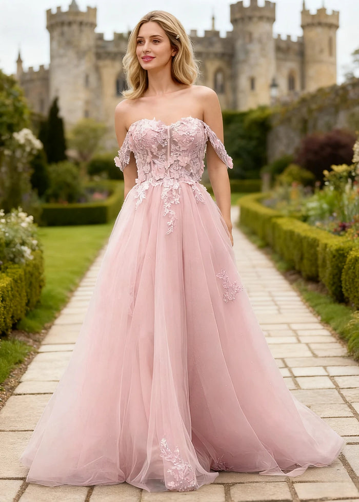 Gwen Pink 3D Flower Off Shoulder Prom Dress | A - Line Sweetheart Neckline Corset Tulle Formal Dress - Pink - PromDressClub