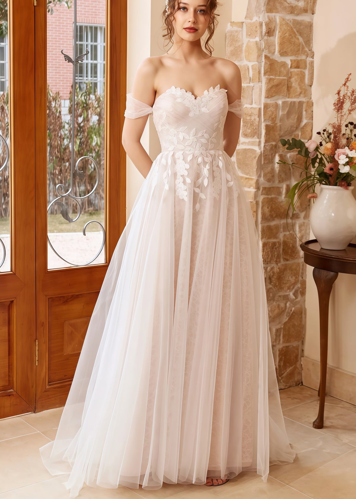 Gwendolyn | A Line Strapless Off the Shoulder White Tulle Wedding Dress with Appliques Lace - White - PROMDRESS Club