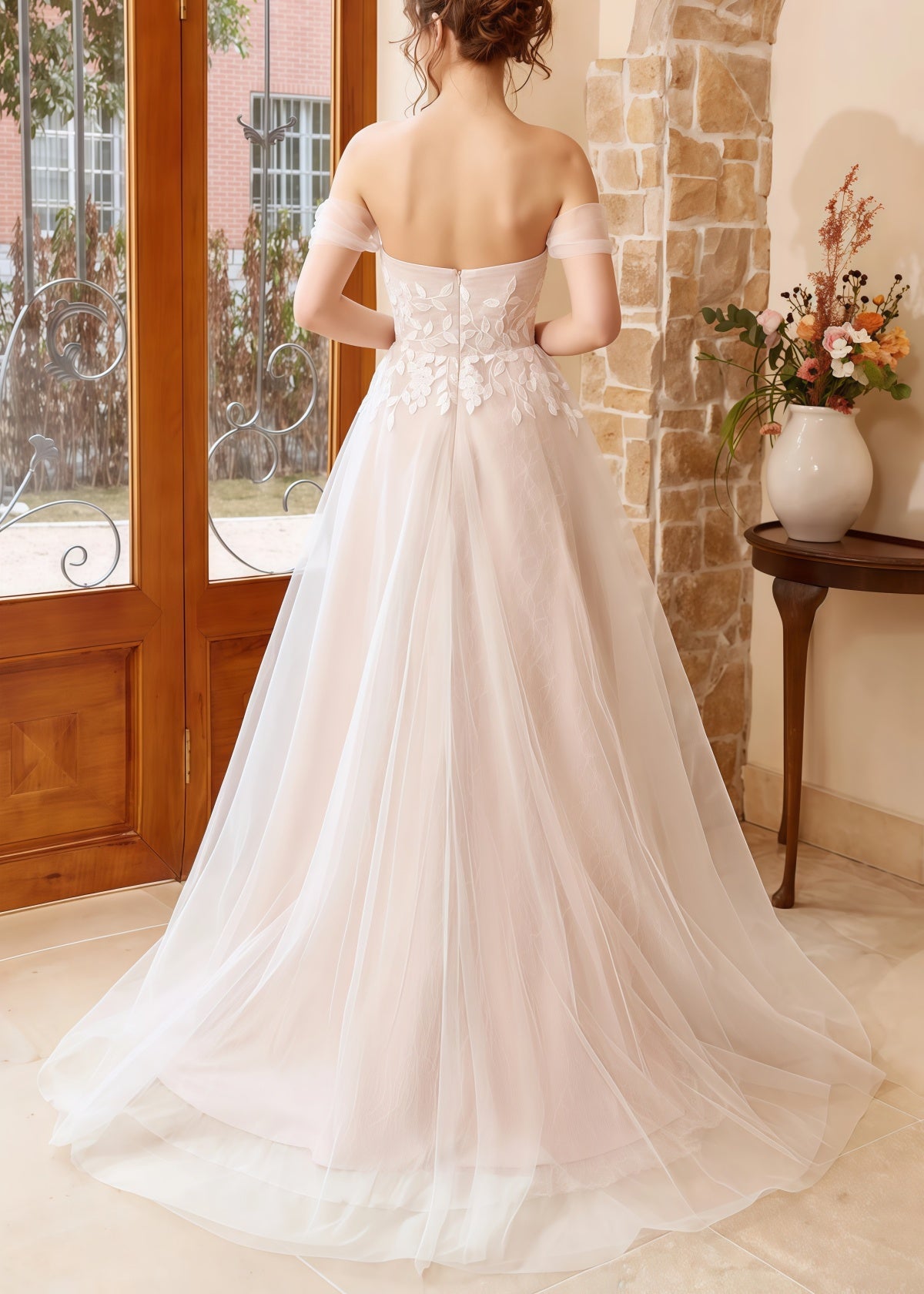 Gwendolyn | A Line Strapless Off the Shoulder White Tulle Wedding Dress with Appliques Lace - White - PROMDRESS Club