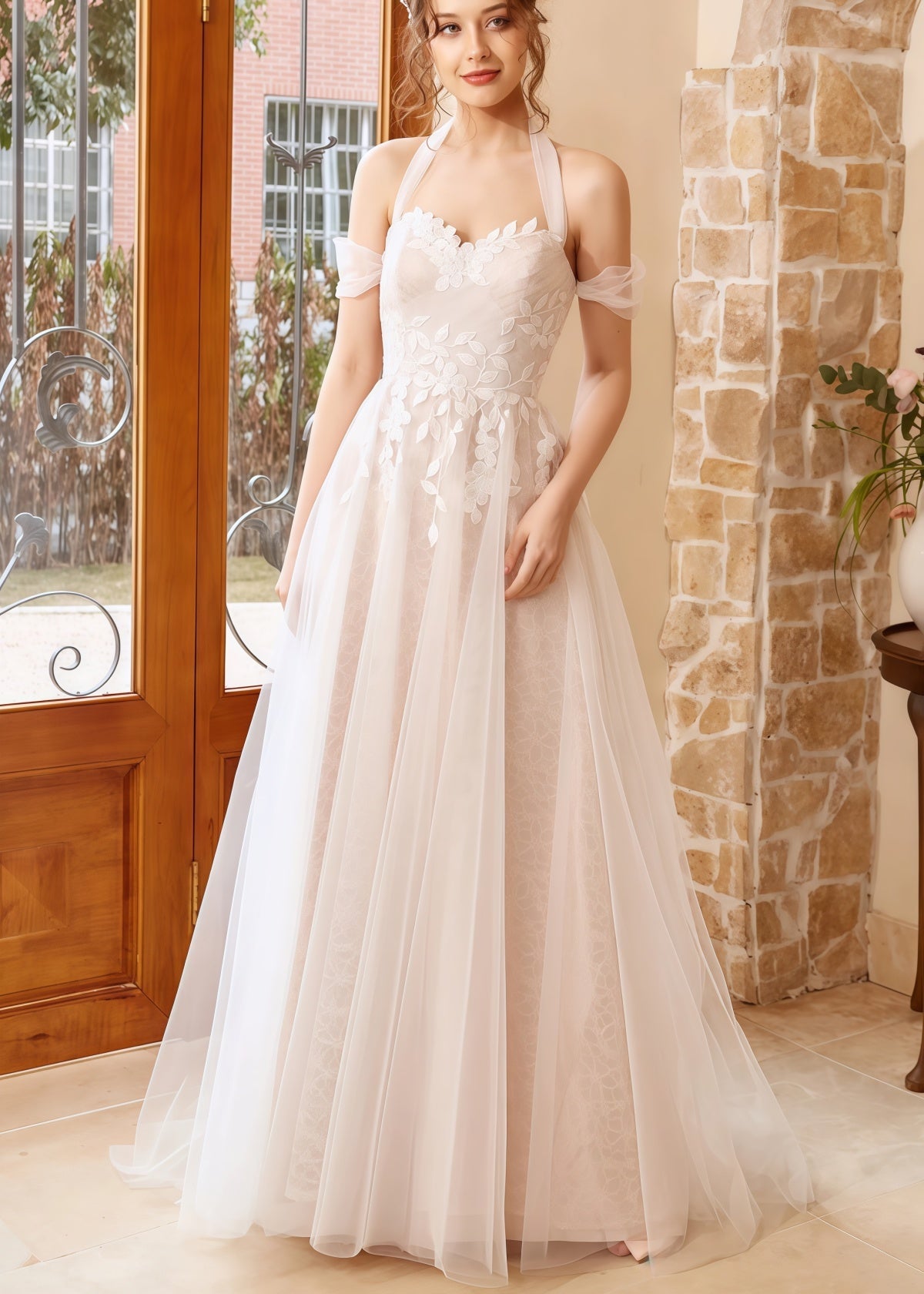 Gwendolyn | A Line Strapless Off the Shoulder White Tulle Wedding Dress with Appliques Lace - White - PROMDRESS Club