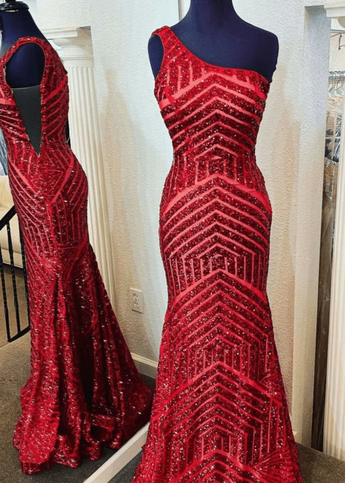 Gwendolyn | Hot Pink Orange One Shoulder Sequin Formal Dresses Mermaid - Burgundy - PromDressClub