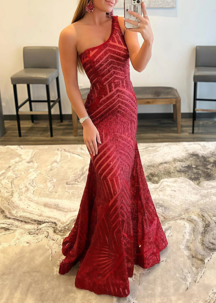 Gwendolyn | Hot Pink Orange One Shoulder Sequin Formal Dresses Mermaid - Burgundy - PromDressClub