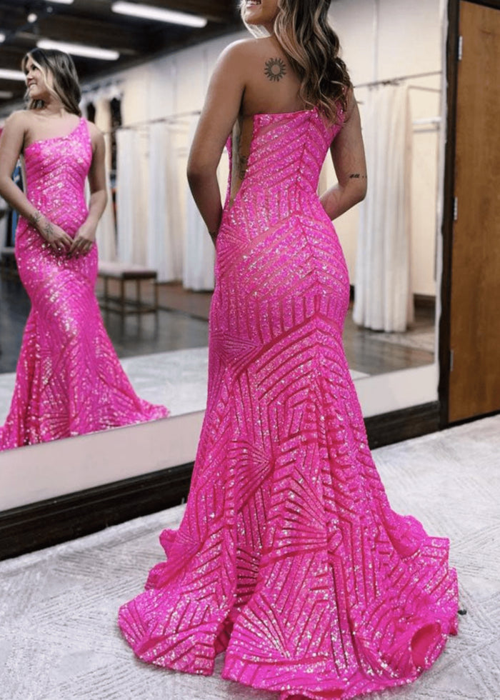 Gwendolyn | Hot Pink Orange One Shoulder Sequin Formal Dresses Mermaid - Hot Pink - PromDressClub