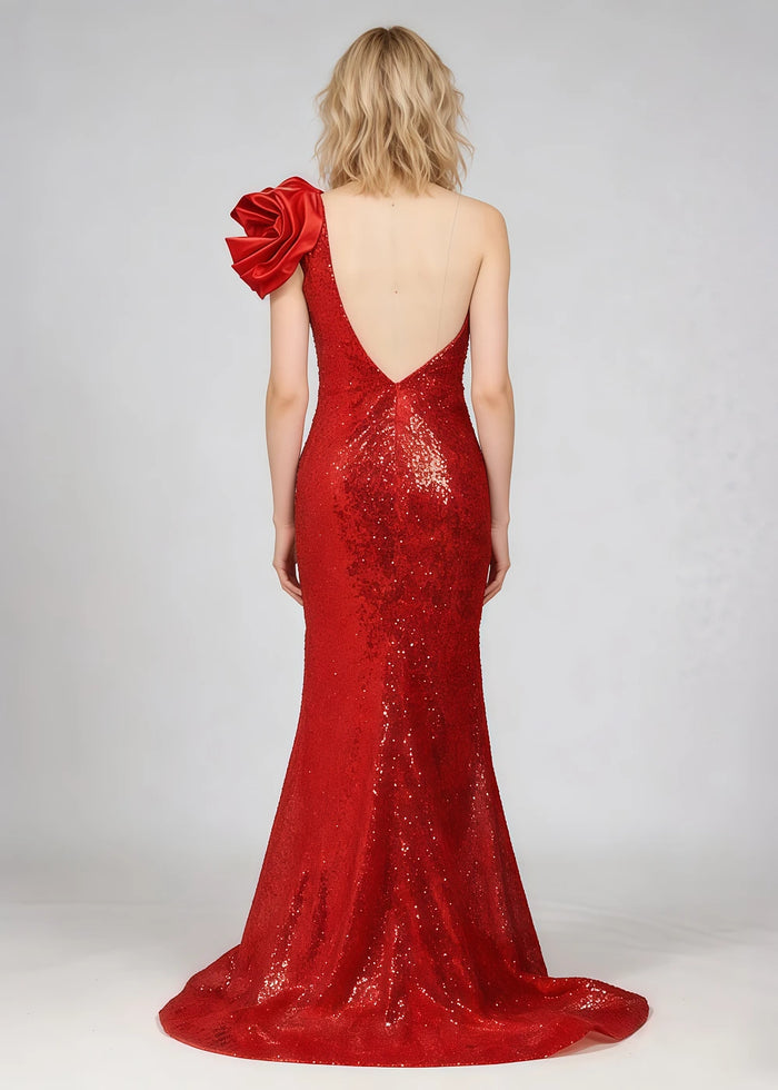 Hana Sparkly Red One Shoulder Prom Dress | Sheath Sequin 3D Flower Formal Dress with Slit - Red - PromDressClub