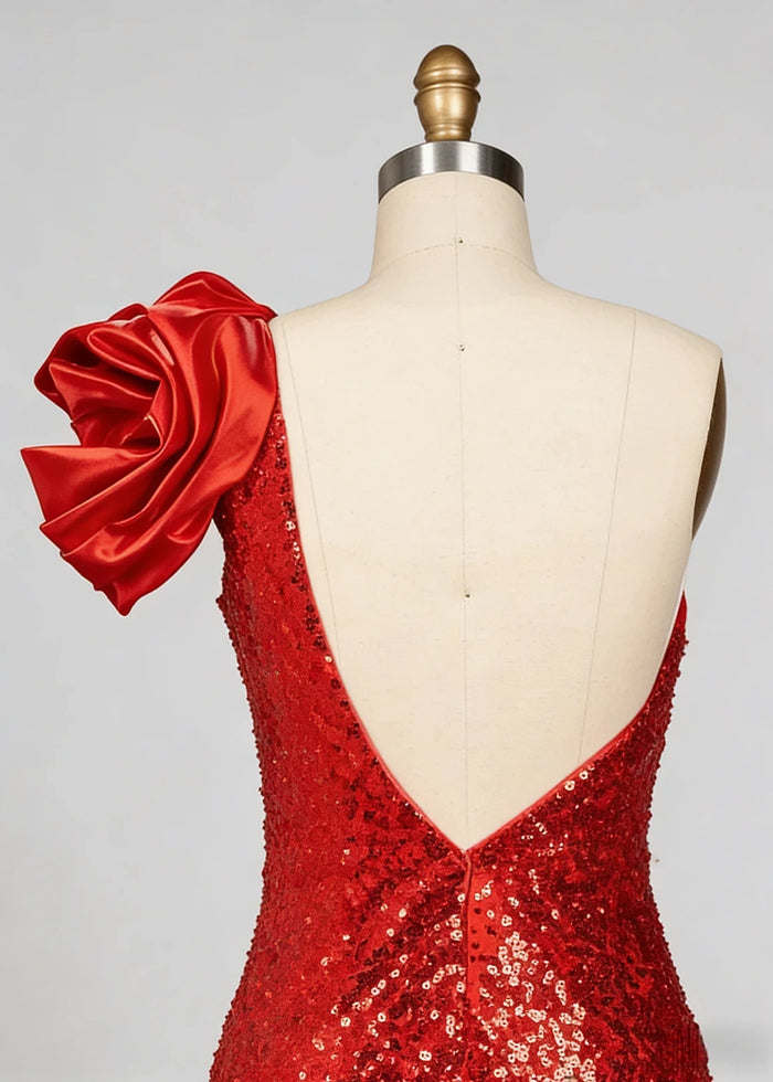 Hana Sparkly Red One Shoulder Prom Dress | Sheath Sequin 3D Flower Formal Dress with Slit - Red - PromDressClub