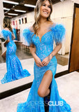 Harriet |Long Glitter Blue Prom Dresses Near Me With Mermaid Off the Shoulder Sequins Feather - Blue - US0 - PromDressClub