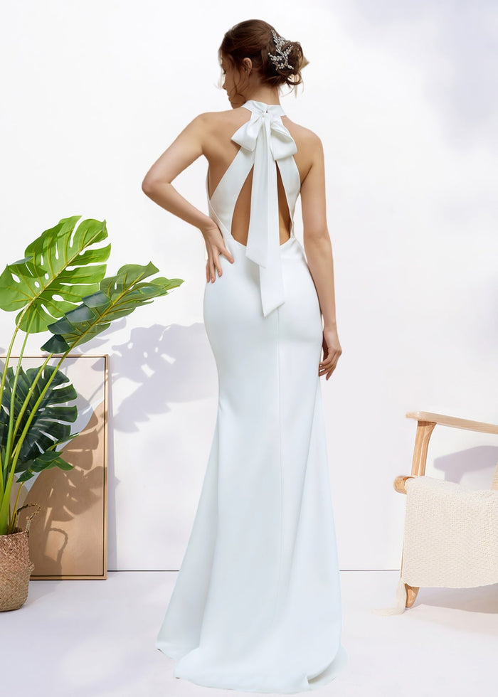 Harriet | Simple Mermaid Halter Neck Backless White Satin Wedding Dress with Bow - Price #price_variant_lowest# - White - PromDressClub