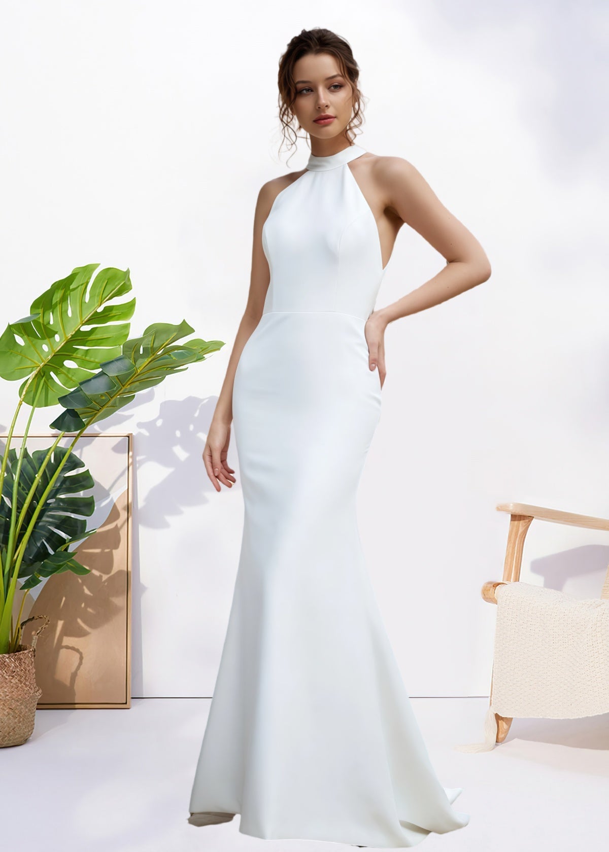 Harriet | Simple Mermaid Halter Neck Backless White Satin Wedding Dress with Bow - White - PROMDRESS Club