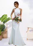 Harriet | Simple Mermaid Halter Neck Backless White Satin Wedding Dress with Bow - White - PROMDRESS Club