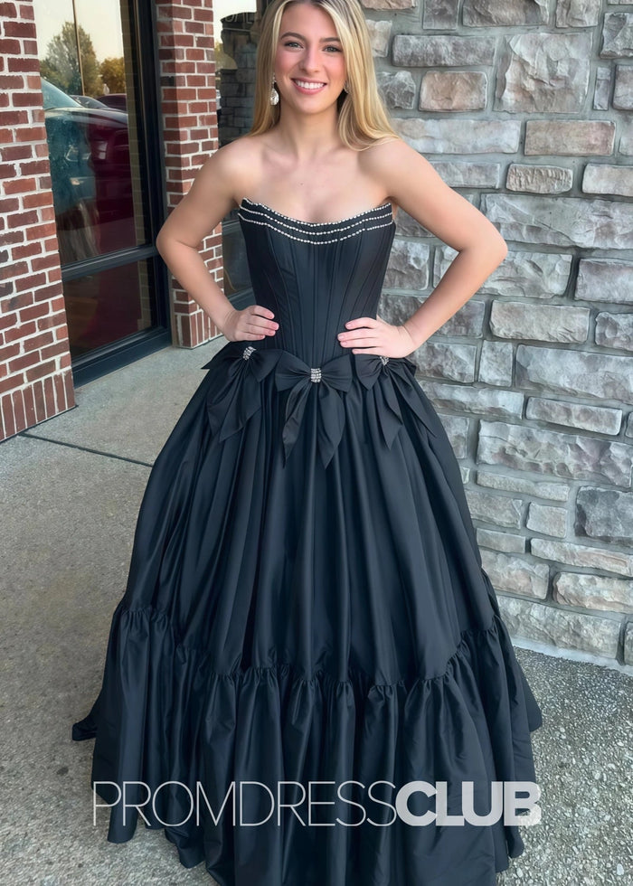 Hazel | A Line Bow Knots Long Prom Dress Light Blue - Price #price_variant_lowest# - Black - PromDressClub