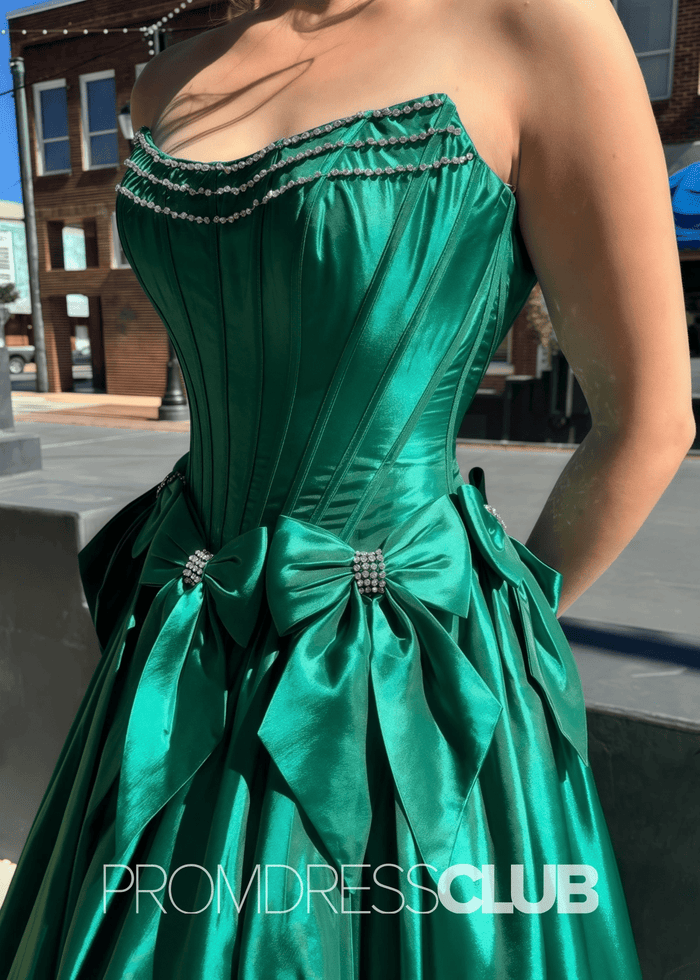 Hazel | A Line Bow Knots Long Prom Dress Light Blue - Emerald Green - PromDressClub